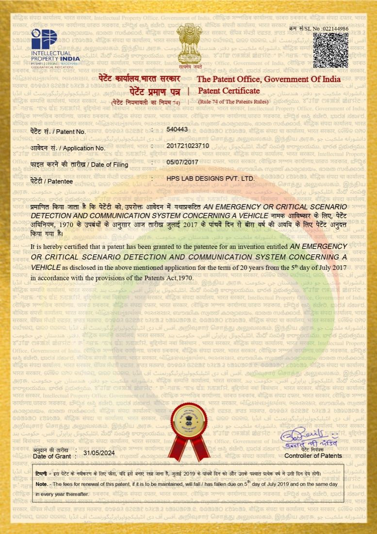 Patent certificate No. 540443 issued by the Patent Office, Government of India, for an emergency or critical scenario detection and communication system concerning a vehicle